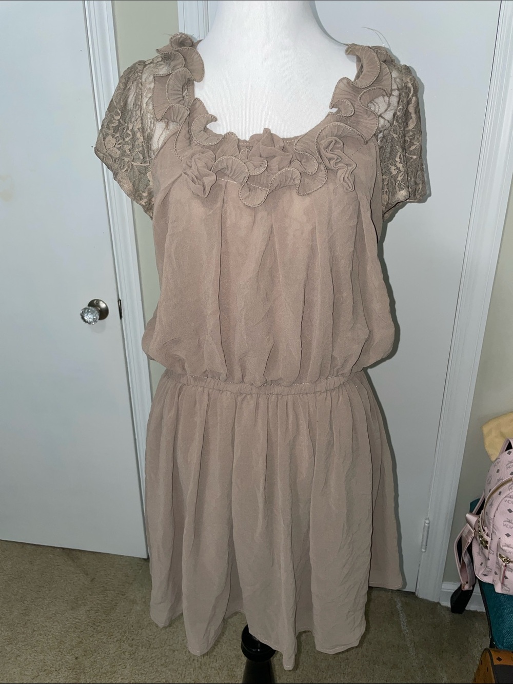 Taupe Ruffle Neck Lace Sleeve Dress